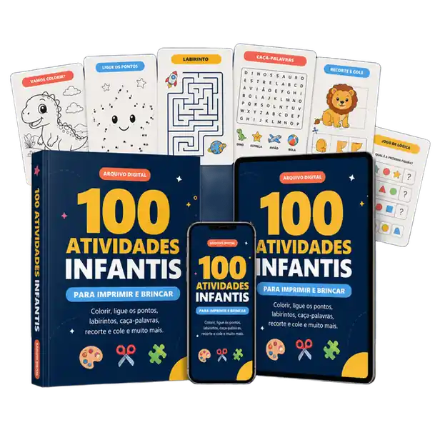 100 Atividades Infantis para imprimir e brincar, com prévias do material